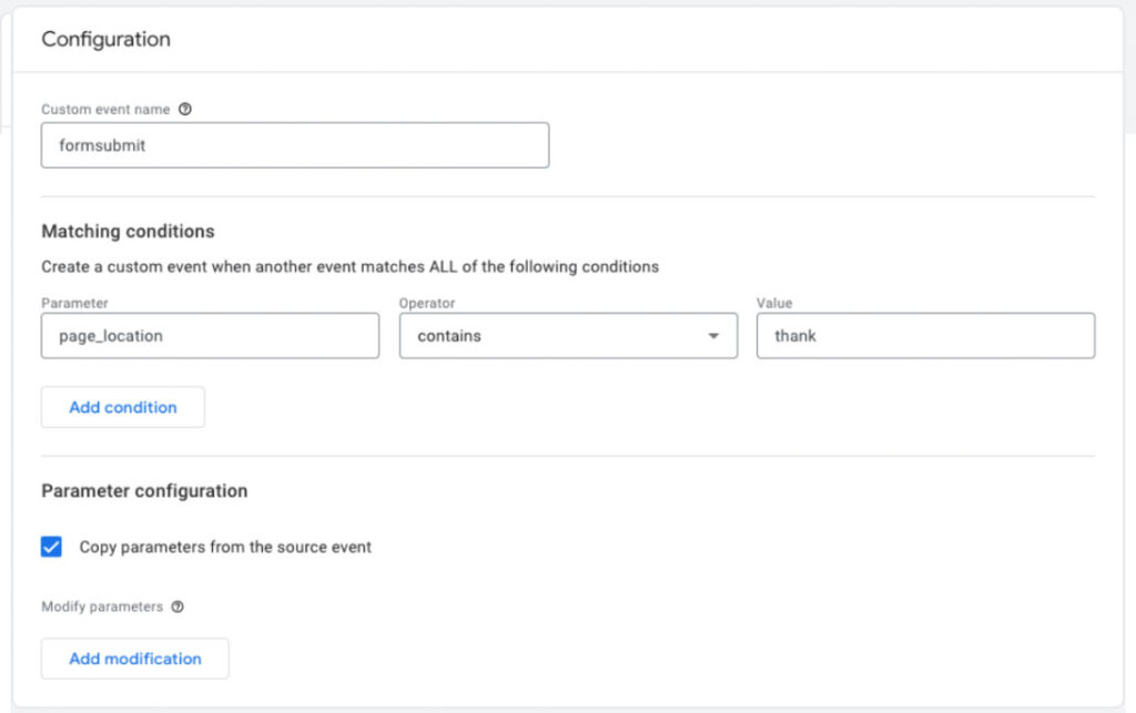 configuration for creating page location event