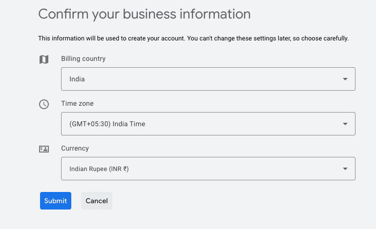 Confirm Billing options while creating Google Ads Account