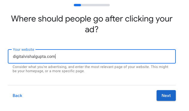 Enter Website URL to create Google Ad account