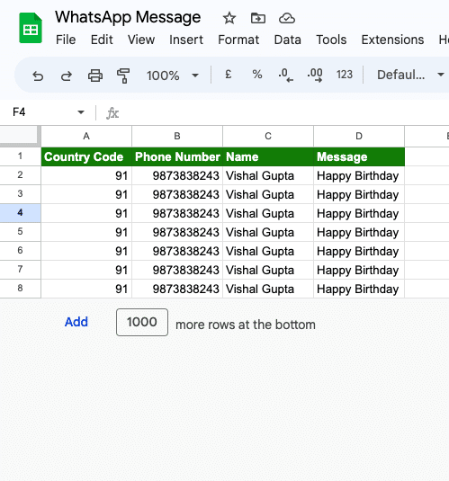 Google Sheet format for automated whatsapp messages appscript