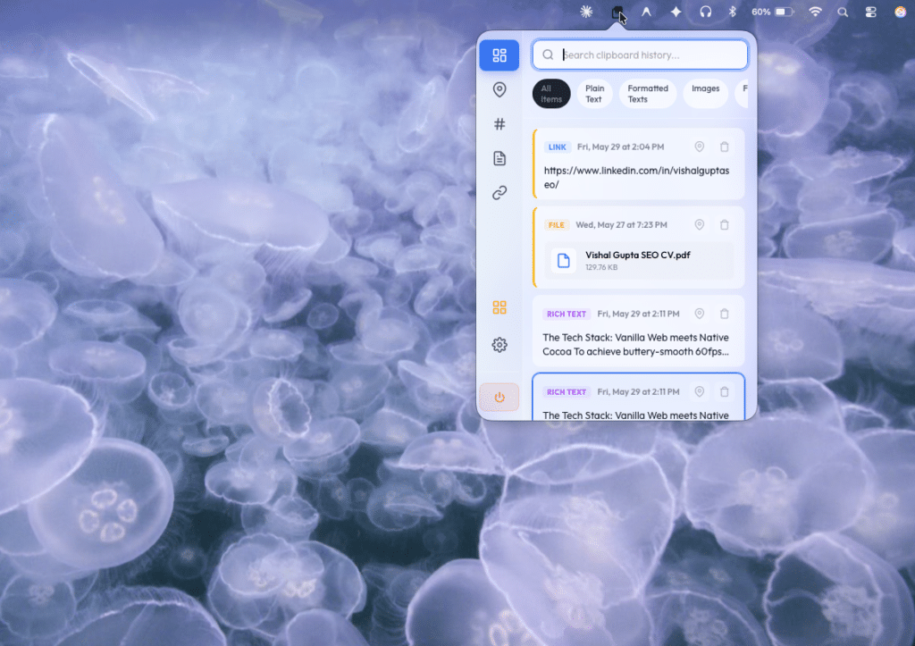 a dropdown view of pasteboard app from the top of toolbar