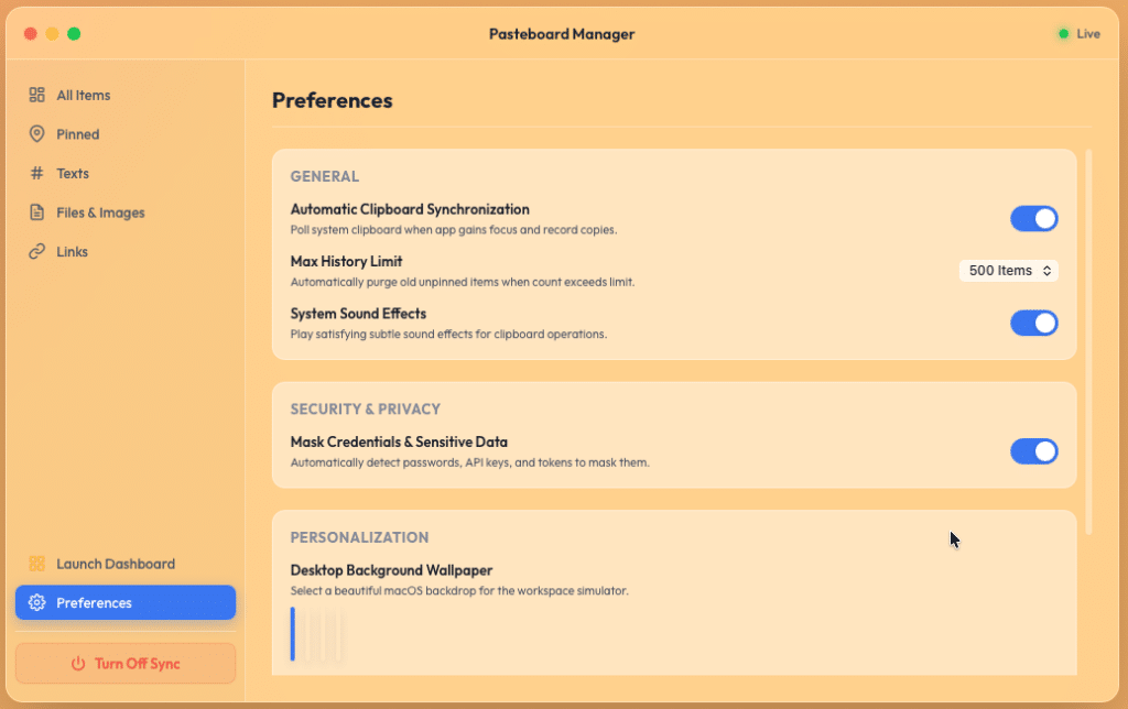 showing preferences section of pasteboard app