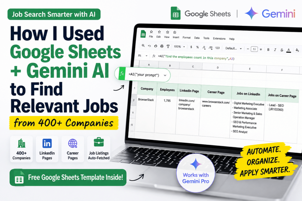 Google Sheets AI template that automatically finds LinkedIn pages, career pages, and relevant jobs using Gemini AI