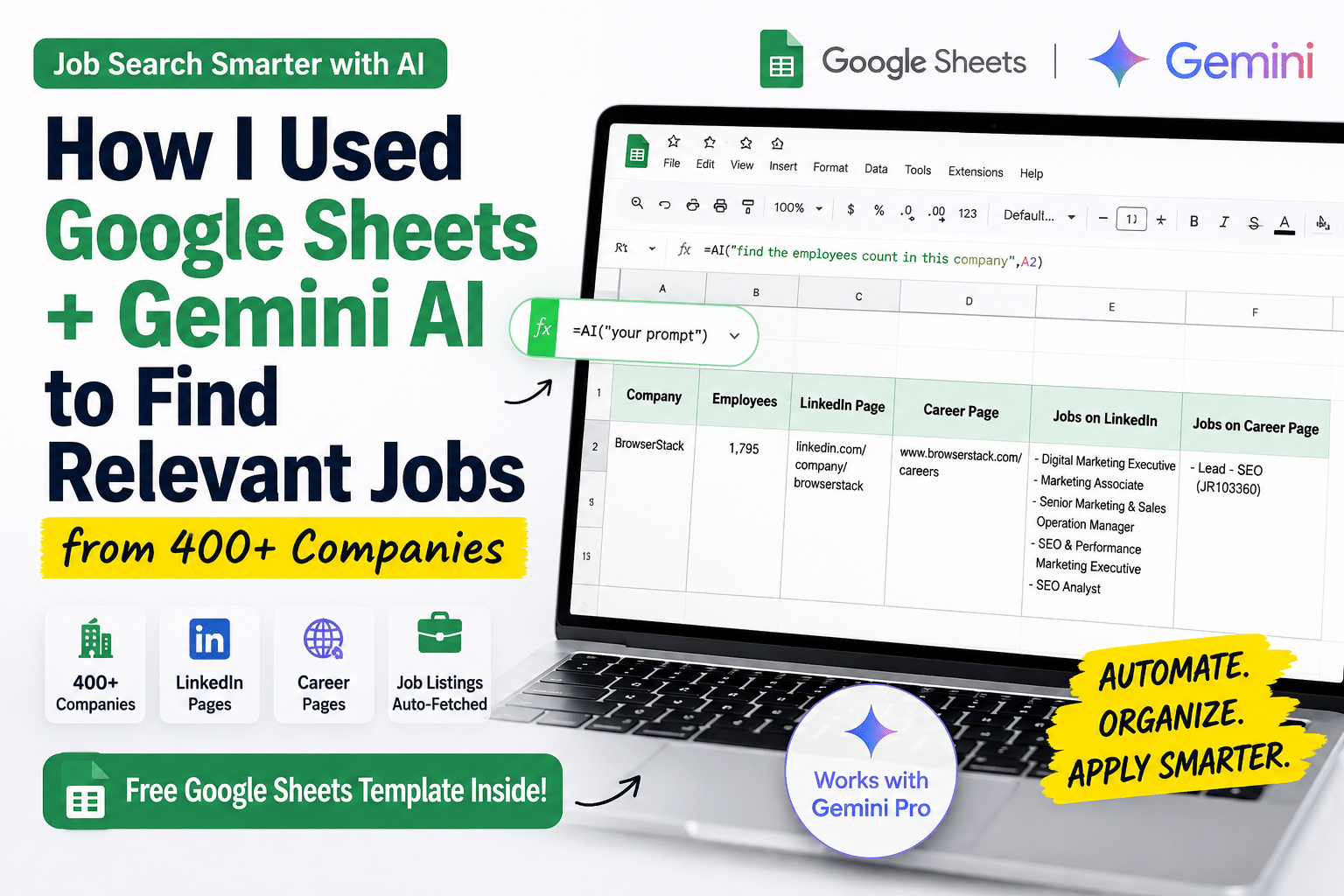 Google Sheets AI template that automatically finds LinkedIn pages, career pages, and relevant jobs using Gemini AI