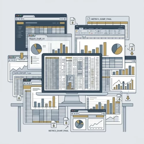 An illustration showing a digital marketer copying numbers between multiple tabs, representing the tedious manual reporting trap.